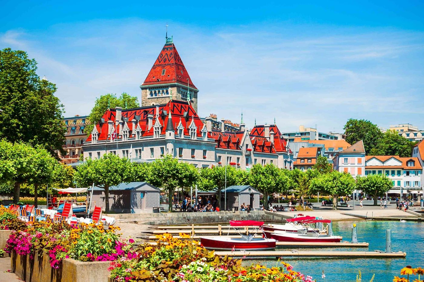 1 Geneva lake promenade near the Chateau Ouchy Castle, an old medieval castle in Lausan