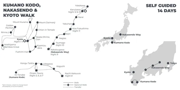 Kumano Kodo, Nakasendo & Kyoto Walk - 14 Days route map