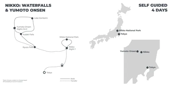 Nikko, Waterfalls and Yumoto Onsen - 4 Days route map