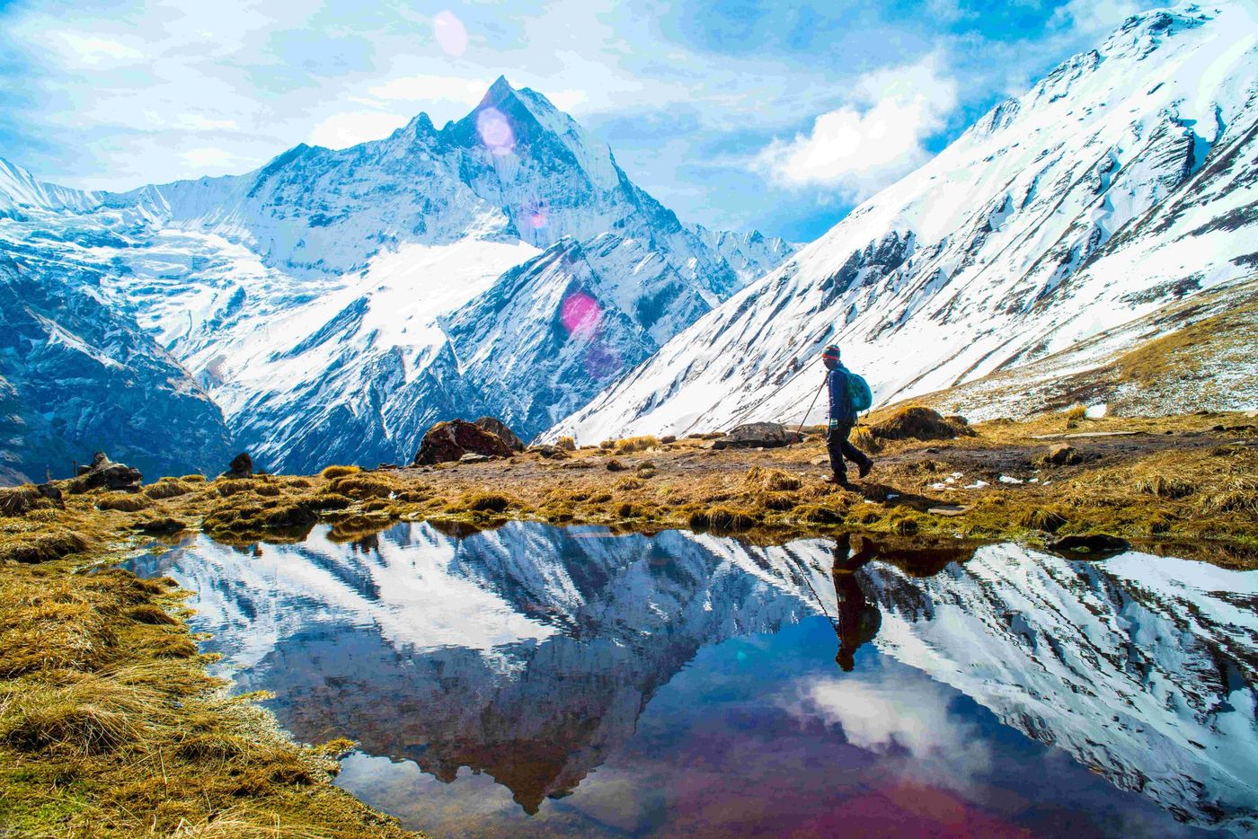 Annapurnas circuit track hiker near top of pass