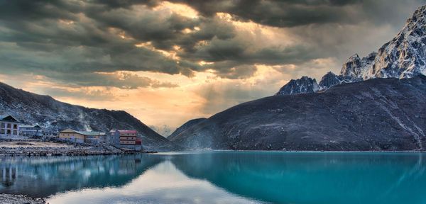 Ground view of Gokyo over lake and town