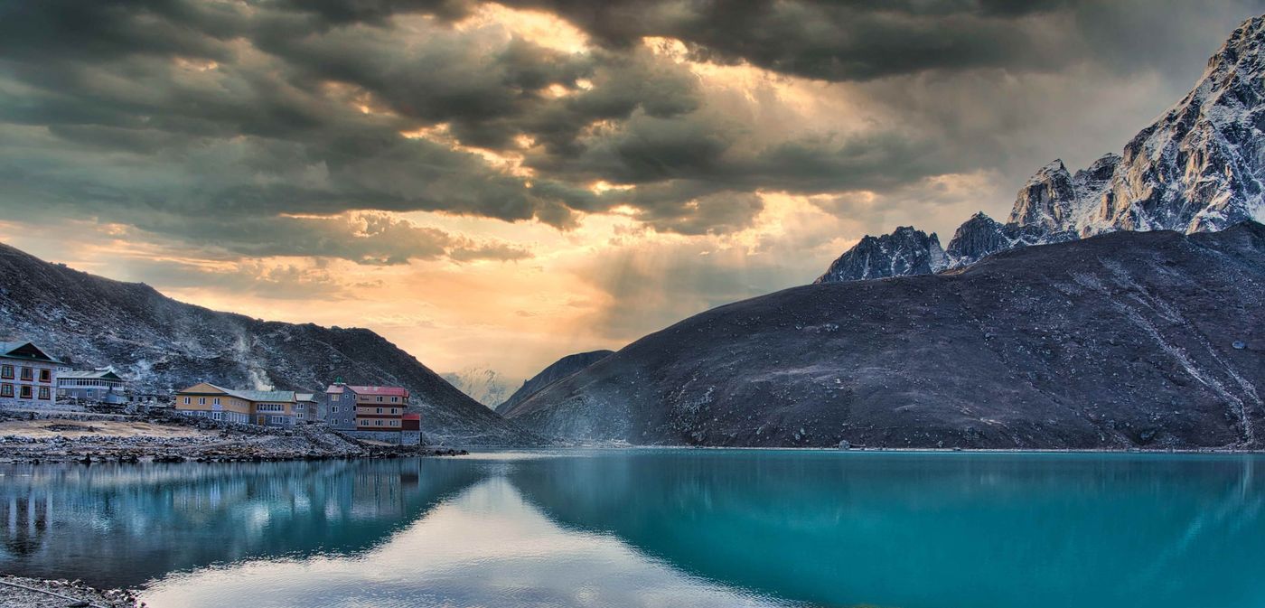 Ground view of Gokyo over lake and town