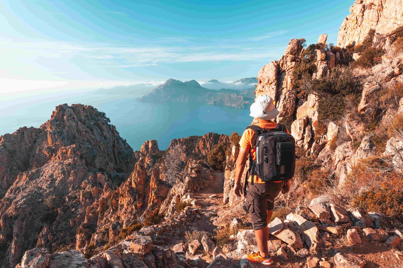 Hiker Calanches de Piana view over sea