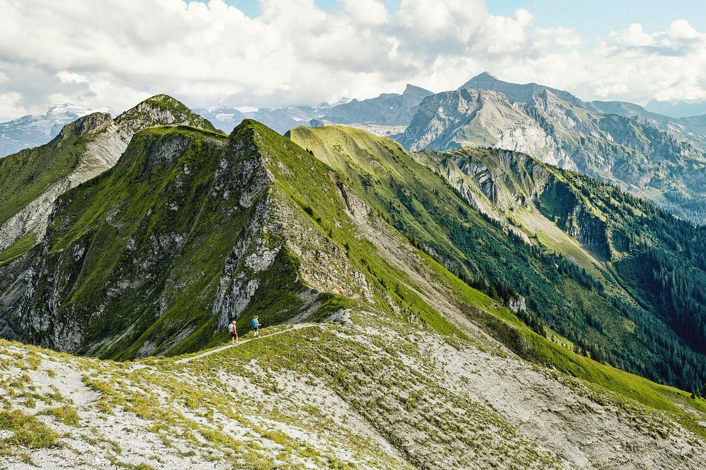 Hikers following a narrow trail along Gräfimattstand ridge with a view toward the Schingrat mountain peak on the Tell Trail.-supplied by Eurotrek