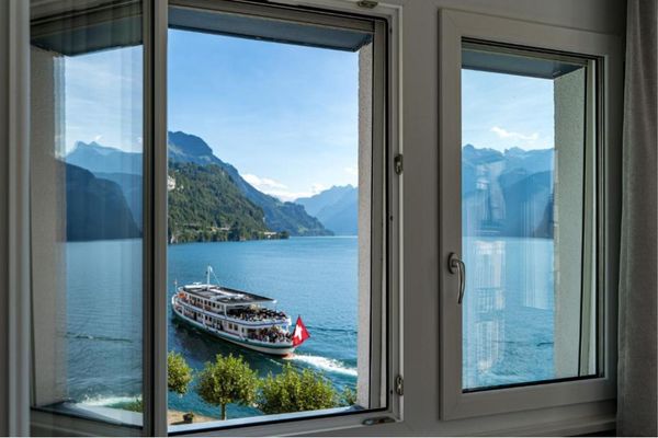 Schmid & Alfa Hotel Brunnen room view Lake Lucerne Switzerland