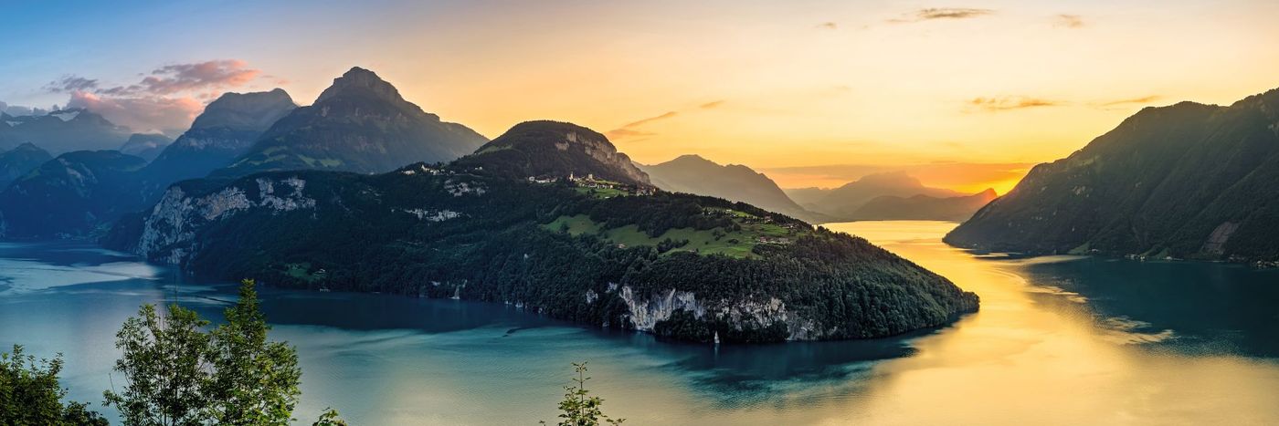 Sunset over Lake Lucerne, highlighting the peninsula of Seelisberg and the mountain peaks in Central Switzerland-supplied by Eurortrek