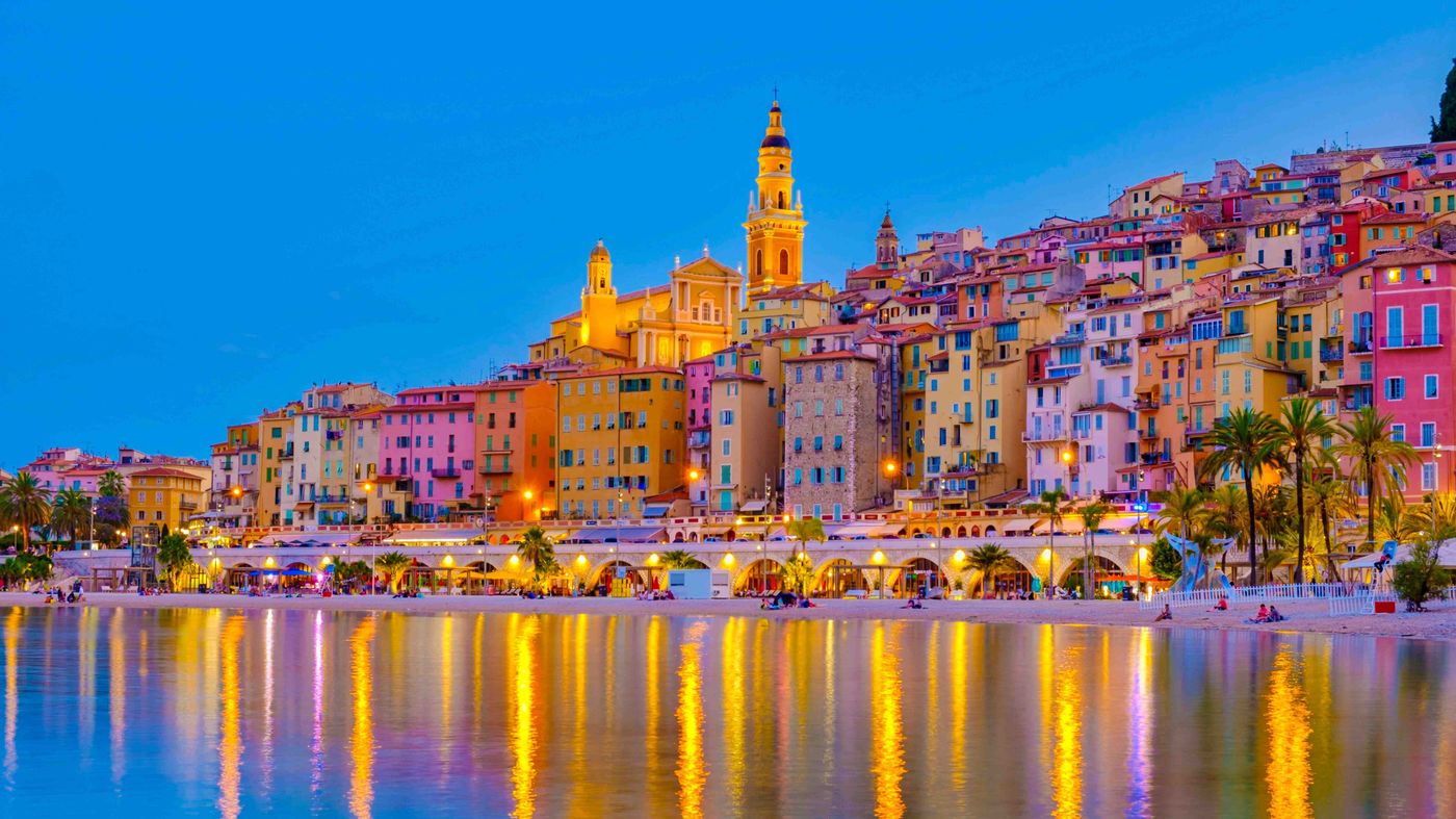 View on the old part of Menton, Provence-Alpes-Cote d'Azur, France Europe during a summer evening. Menton French riviera small