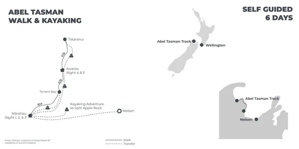 Abel Tasman Walk & Kayaking - 6 Days route map