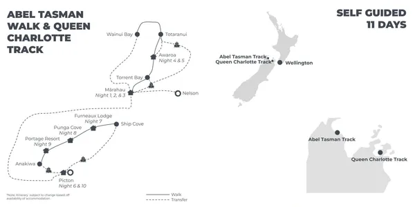Abel Tasman Walk & Queen Charlotte Track: End to End - 11 Days route map