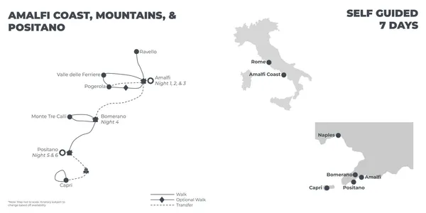 Amalfi Coast, Mountains & Positano - 7 Days route map