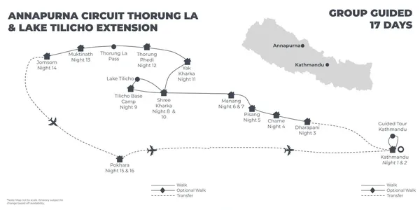 Annapurna Circuit Thorong La & Lake Tilicho Extension - 17 Days route map