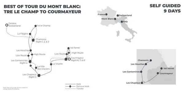 Best of Tour du Mont Blanc: Tre le Champ to Courmayeur - 9 Days route map