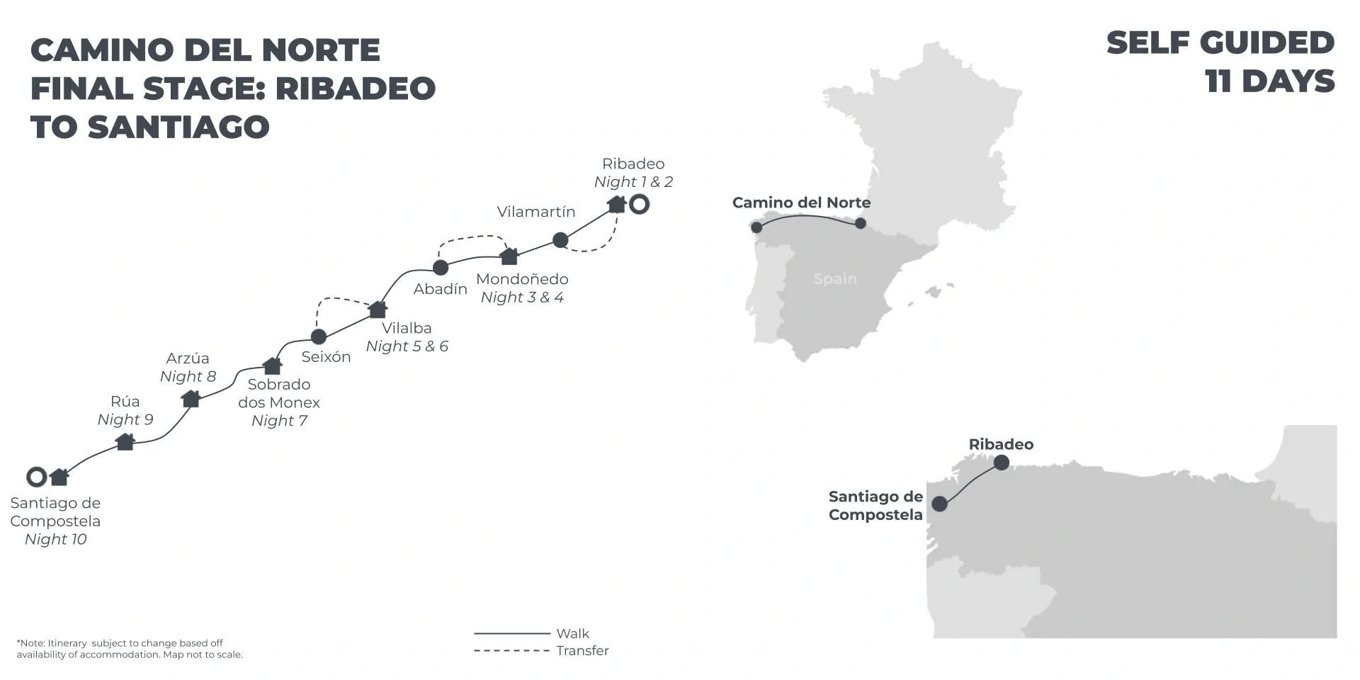 Camino del Norte: Final Stage - Ribadeo to Santiago - 11 Days route map