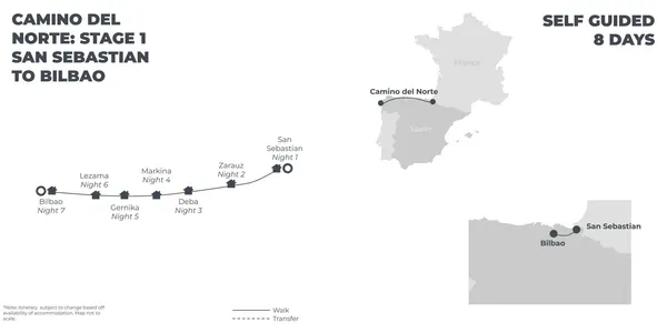 Camino del Norte: Stage 1 - San Sebastian to Bilbao - 8 Days route map