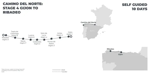 Camino del Norte: Stage 4 - Gijon to Ribadeo - 10 Days route map