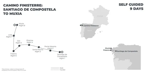Camino Finisterre: Santiago de Compostela to Muxia - 9 Days route map