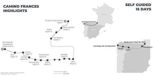 Camino Frances Highlights - 15 Days route map