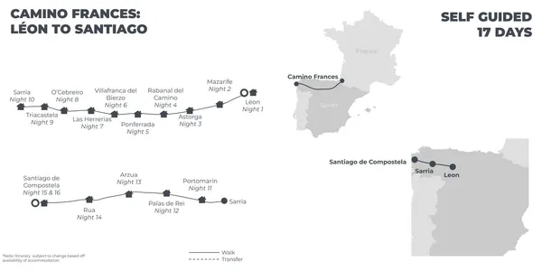 Camino Frances: Leon to Santiago -17 Days route map