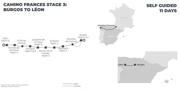 Camino Frances Stage 3: Burgos to Leon - 11  Days route map