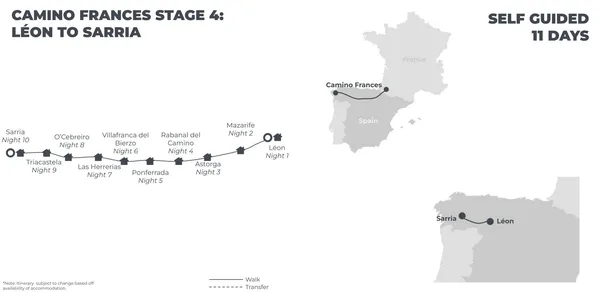 Camino Frances Stage 4: Leon to Sarria - 11 Days route map