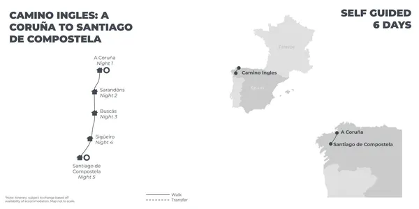 Camino Ingles: A Coruna to Santiago de Compostela - 6 Days route map