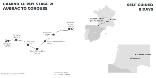Camino Le Puy: Stage 2 - Aumont Aubrac to Conques - 8 Days route map