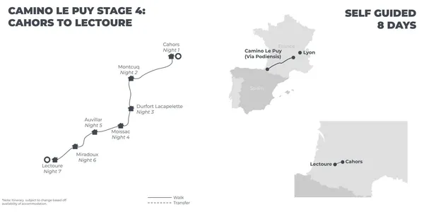 Camino Le Puy: Stage 4 - Cahors to Lectoure - 8 Days route map