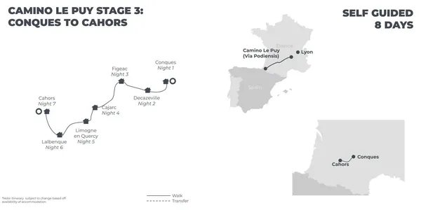 Camino Le Puy: Stage 3 - Conques to Cahors - 8 Days route map