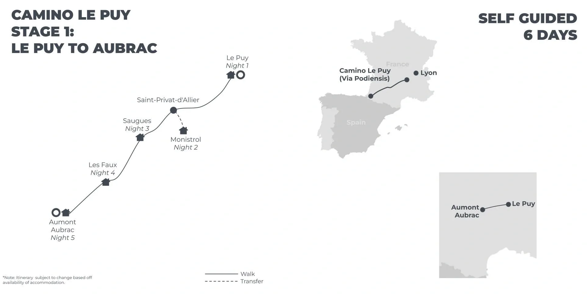 Camino Le Puy: Stage 1 - Le Puy en Velay to Aumont Aubrac - 6 Days route map