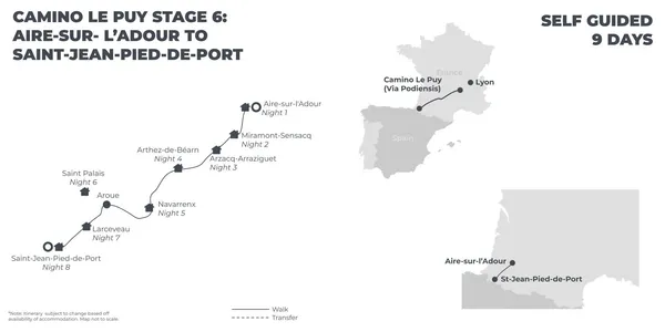 Camino Le Puy: Stage 6 - Aire Sur L'Adour to St. Jean Pied de Port - 9 Days route map