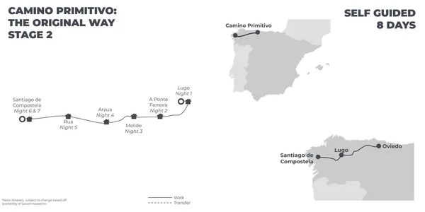 Camino Primitivo: Final Stage - Lugo to Santiago - 8 Days route map