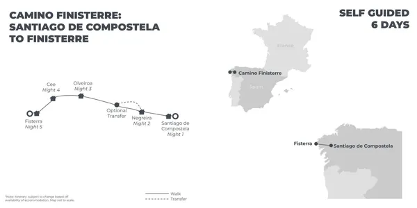 Camino Finisterre: Santiago de Compostela to Finisterre - 6 Days route map