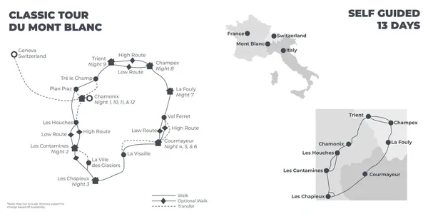 Classic Tour du Mont Blanc In Comfort - 13 Days route map