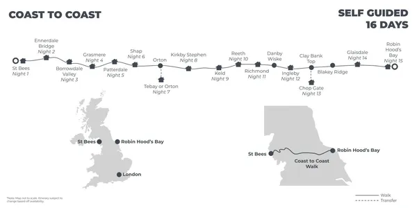 Coast to Coast: Best Available B&B’s and Guesthouses - 16 Days route map