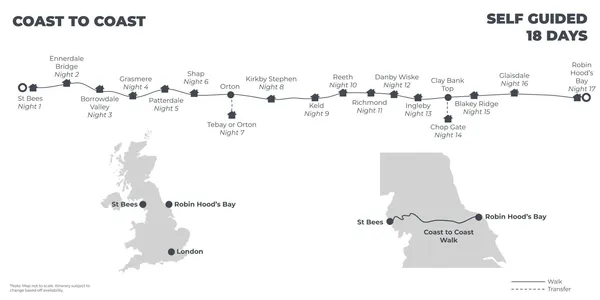 Coast to Coast: Best Available B&B’s and Guesthouses - 18 Days route map