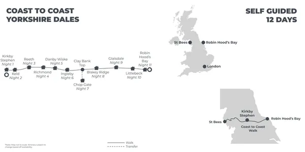 Coast to Coast Yorkshire Dales: Best Available B&B’s and Guesthouses - 12 Days route map