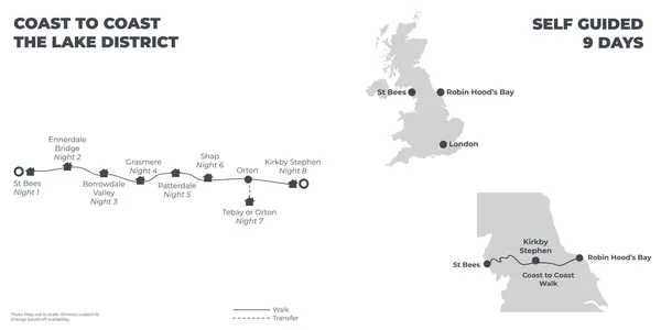 Coast to Coast The Lake District: Best Available B&B’s and Guesthouses -  9 Days route map