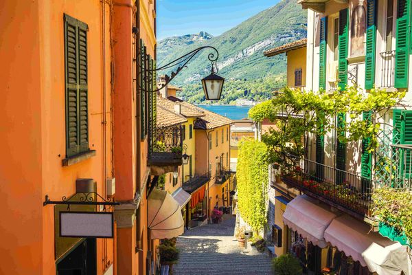 colorful old town street in Bellagio city, Italy LAke Como