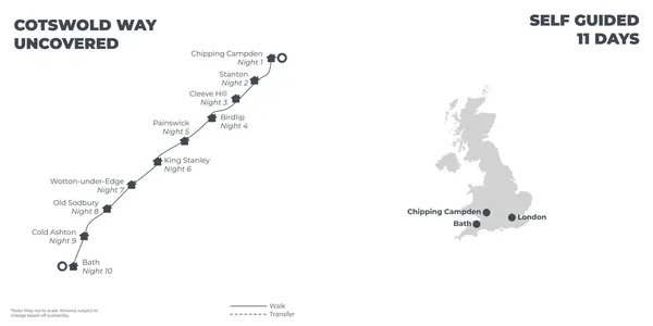 Cotswold Way Uncovered: 3 Star English B&B’s & Guesthouses - 11 Days route map