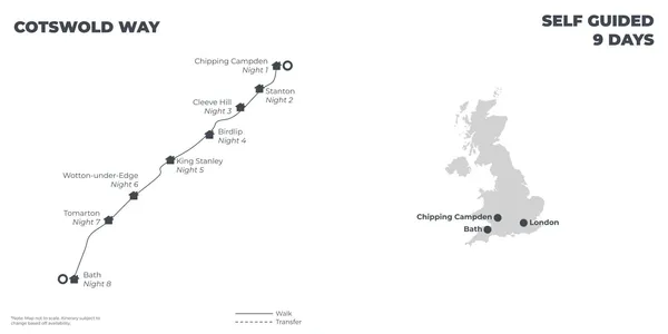 Cotswold Way: 3 Star English B&B’s & Guesthouses - 9 Days route map