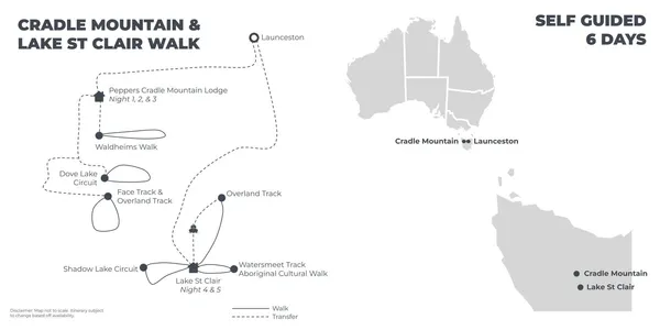 Cradle Mountain & Lake St Clair Walk - 6 Days route map