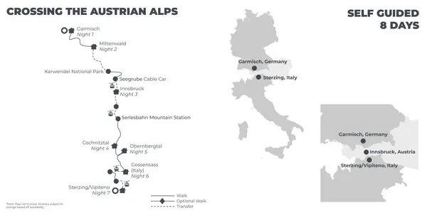 Crossing the Austrian Alps - 8 days route map