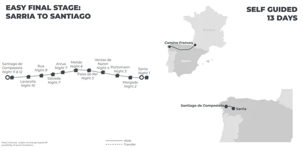 Easy Camino: Final Stage from Sarria to Santiago - 13 Days route map