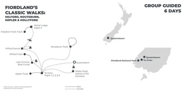 Fiordland’s Classic Walks: Milford, Routeburn, Kepler & Hollyford - 6 Days route map