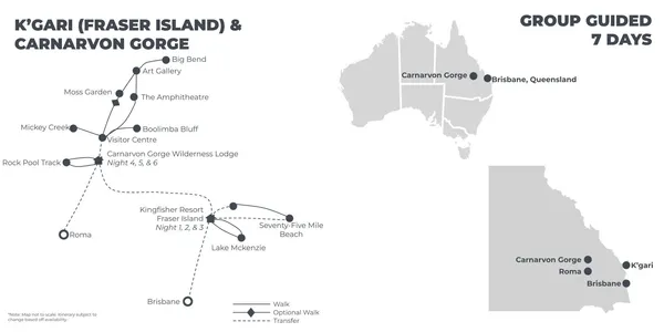 Fraser Island (K'gari) & Carnarvon Gorge - 7 Days route map