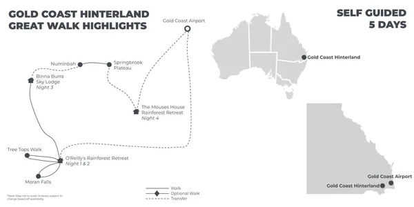 Gold Coast Hinterland Great Walk Highlights - 5 Days route map