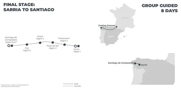 Camino Final Stage Walk: Sarria to Santiago - 8 Days route map