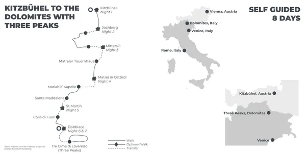 Kitzbuhel to the Dolomites with Three Peaks - 8 days route map