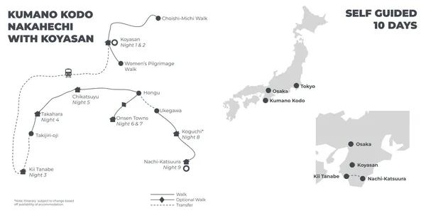Kumano Kodo Nakahechi with Koyasan - 10 Days route map
