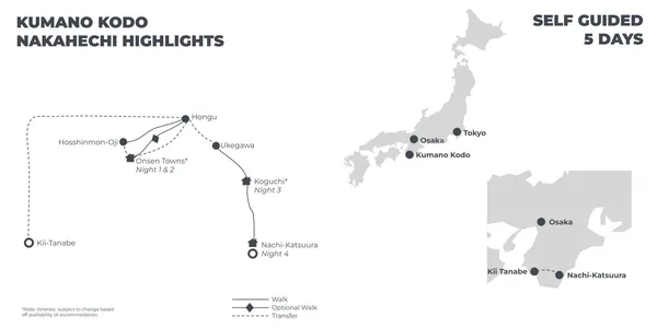 Kumano Kodo Nakahechi Highlights - 5 Days route map